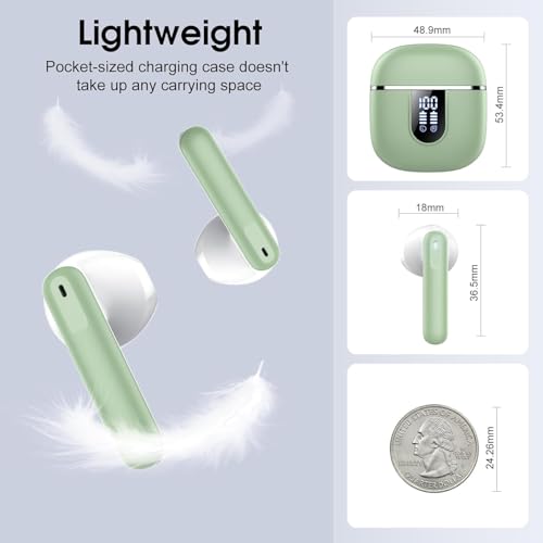 Wireless Earbuds Bluetooth 5.4 Headphones, 40H Playtime In-Ear Earphones with 4 ENC Noise Cancelling Mic, 3D Bass Stereo Sound, IP7 Waterproof Bluetooth Earbuds USB-C LED for iPhone Android, Green - color: Light Green