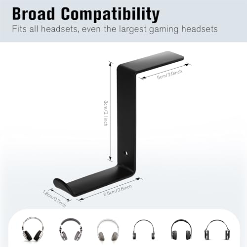 Headphone Holder for Monitor,Premium Metal Headsets Stand,Headphone Hanger | Sticky Hooks Hold 10Lbs, Headset Mount for Screen Side, for Airpods Max and all Headphone, Black