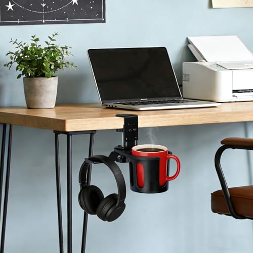 Desk Cup Holder Clamp 2 in 1 Clip On Table Cup Holder with Headphone Hanger | Rotatable Anti-Spill Water Bottle Stand Drink Coffee Mug Storage, Office Accessories for Home and School - color: Black-1 with Headphone Hanger