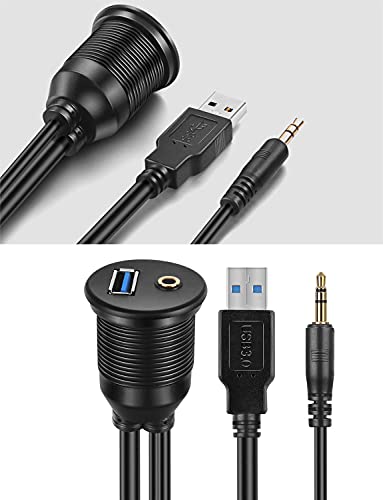 USB Flush Mount - 1M 3ft 3.5mm & USB 3.0 AUX Extension, Dash & Panel Mount Cable for Car, Boat, Motorcycle (Pack of 2) - size: 3 feet (Pack of 2)
