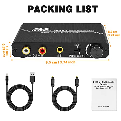 HDMI Audio Extractor, 4K HDMI to Optical SPDIF + 3.5mm Stereo + RCA L/R Audio Adapter Converter with Volume Control Support 4K@60Hz HDCP 2.2 HDR 3D YUV 4:4:4