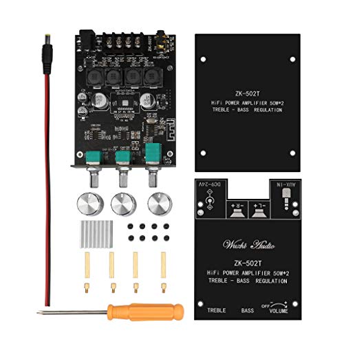 ZK-502T Power Amp Bluetooth 5.0 Audio Amplifiers Board 2.0 Channel 50W+50W AUX BT DC12-24V Mini Stereo Amplifier Module with Treble and Bass for DIY Home Speakers - color: Black2 ZK-502T