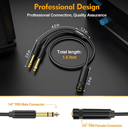 HOSONGIN 1/4 TRS Stereo Jack to Dual 1/4 TS Mono Y-Splitter Insert Cable, Nylon Braided Jacket Gold-Plated Plug Double Shielding Cable, 1 Feet - style: 1/4" TRSF to Dual 1/4" TSM