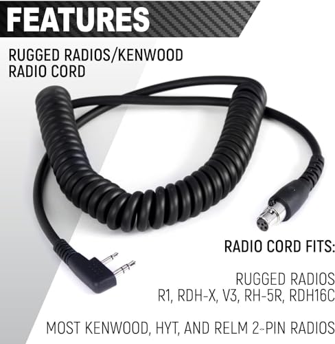 Rugged Radios H41-CF Headset & CC-Ken 2-Pin Coil Cord for Handheld Radios | 24dB NRR Headset Bundle for Baofeng, Rugged, Kenwood, HYT, Relm, SAMCOM & Wouxun Radios with PTT and 3.5mm Jack