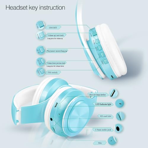 RAT TAIL V5.3 Bluetooth Headphones Over-Ear, Foldable Wireless and Wired Stereo Headset Micro SD/TF, FM for Cell Phone,PC,Soft Earmuffs &Light Weight for Prolonged Wearing (Blue) - color: Blue