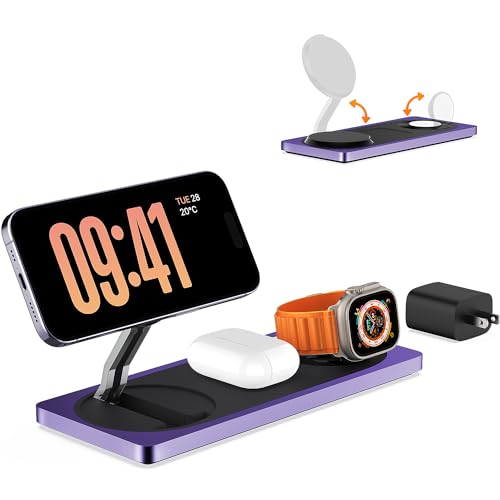 Mag-Safe Charger Stand, 3-in-1 Magnetic Wireless Charging Station for Apple Devices, iPhone 15/14/13/12 Series, Apple Watch, AirPods Pro (Purple) | For iPhone 17/Air/16/15/14/13/12, AirPods & Apple Watch, Foldable Portable Aluminum Charging Stand, Adapter