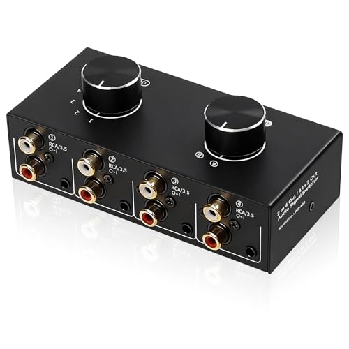 Bi-Directional 2 in 4 Out & 4 in 2 Out RCA 3.5mm Port Audio Switcher, 2-Way 4-Way 4x2 RCA 1/8 Stereo Speakers Headphones Audio Switch Selector Box