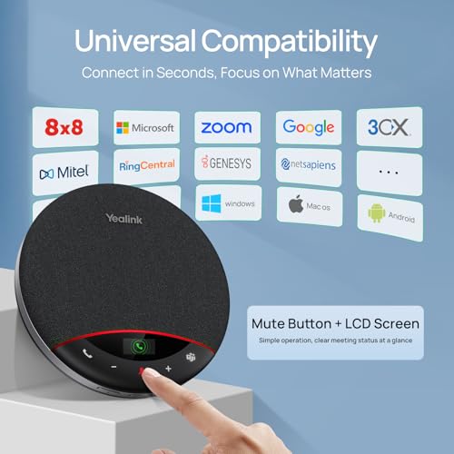 Yealink Bluetooth Speakerphone SP96 with Dongle Support Daisy-Chain 26H Talk Time Teams Certified 65mm Conference Speaker and 6 Microphones Array LCD Screen Smart AI Noise-Canceling - color: SP96 + Bluetooth USB Dongle, size: Teams Certified