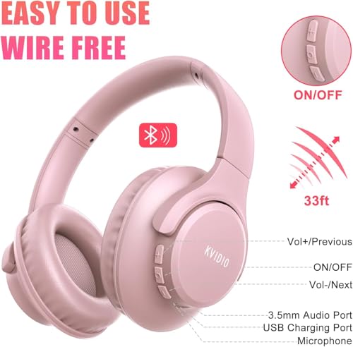 KVIDIO Bluetooth Headphones Over Ear, 65 Hours Playtime Wireless Headphones with Microphone, Foldable Lightweight Headset with Bass and Stereo Sound Low Latency for Travel Work Cellphone - color: Pink