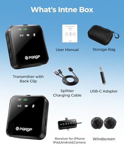PQRQP 3 in 1 Wireless Mini Microphone for iPhone, Android, Camera,328ft Range, 18H Battery Life,High-Fidelity Audio Clip on Mic for Content Creators-Soot Black
