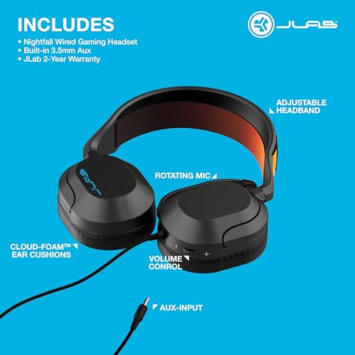 JLab Nightfall Wired Gaming Headset, 3.5mm, Black | for PC, Xbox, PS5, PS4, Nintendo Switch, 50mm Driver, Cloud Foam Cushions, Soundproof Inner Shelf, with Microphone