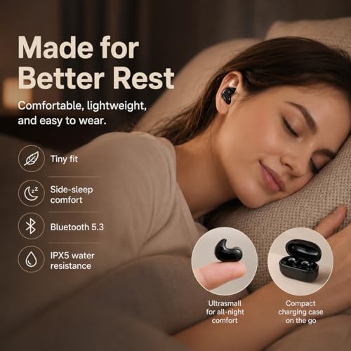 Invisible Sleep Wireless Earphone,Lightweight,Long Battery Life (black) | Ipx5 Waterproof Earbuds, Bluetooth 5.3, Painless Sleeping Earphones for Sensitive Sleeper - color: Black