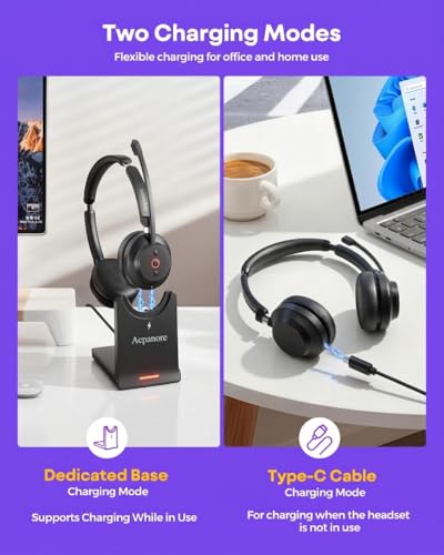 Wireless Headset with Mic for Work, Clear Sound & Comfortable & Stable Connection, Bluetooth Headset for Computer, Wireless Headset with Charging Base & USB Dongle for Office & Call Center