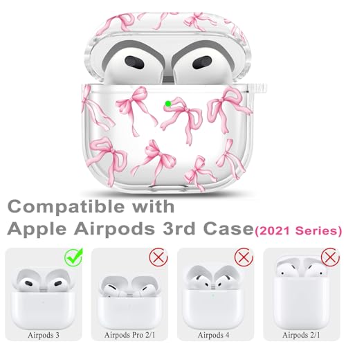 Clear Case Compatible with Airpods 3 Case Cover, Wonjury Protective Floral Case Cover with Keychain Compatible with Airpods 3 Generation (2021 Released), Front LED Visible,Pin Bow - color: Clear Pink Bow