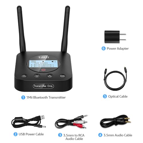 1Mii B06TX+ Long Range Bluetooth 5.3 Transmitter for TV/PC/Projector to 2 Wireless Headphones/Speakers, Bluetooth Adapter for TV w/Screen Display, Plug n Play, aptX Low Latency & Adaptive & HD Audio - color: black