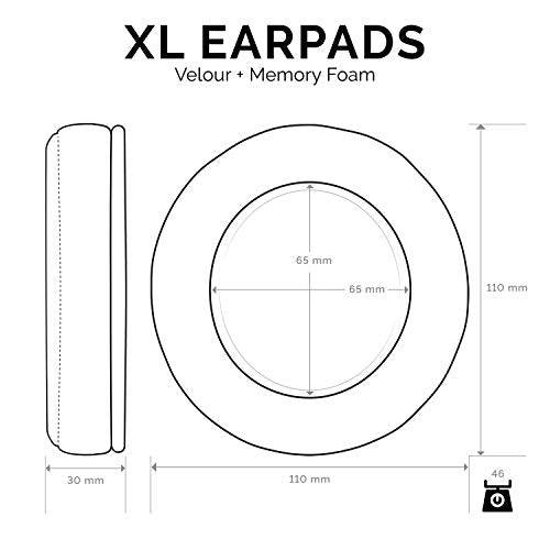 BRAINWAVZ XL Large Velour Replacement Memory Foam Earpads - Suitable For Many Other Large Over The Ear Headphones - Sennheiser, AKG, HifiMan, ATH, Philips, Fostex, Sony - color: Velour Black