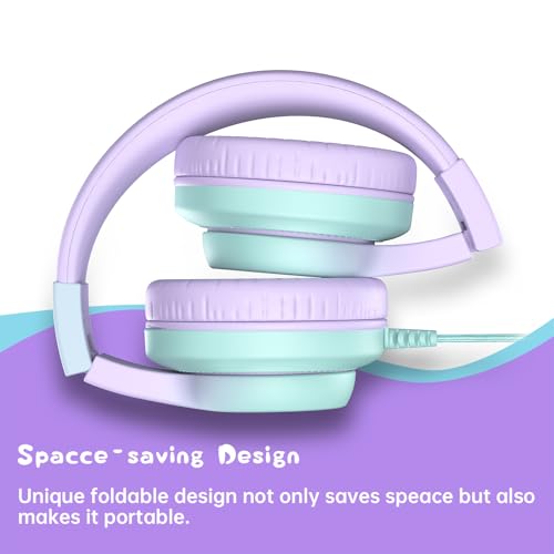 Candy Bila Wired Kids Headphones for School, Over-Ear for Boys Girls | Volume Limiter 85/94dB, HD Stereo Sound, Microphone and Wired Control,Foldable Design, Gradient Purple - color: Light Purple