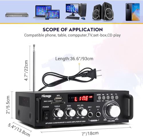 Bluetooth Stereo Receiver Home Audio Amplifier HiFi 600W Home Theater System Speaker Amplifier, 2 Channels, LCD Display, Portable FM Radio, SD Card/USB Input, 12V-220V for Home or Car Use