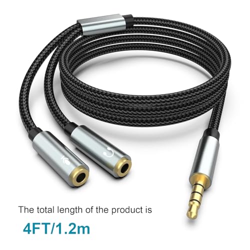 Headphone Mic Splitter 3.5mm 2 TRS Female to 1 TRRS Male Mic and Audio Y Splitter TRRS Headset Adapter Compatible with Laptop PS4 Xbox One PC Tablet Gaming, 4FT/1.2m