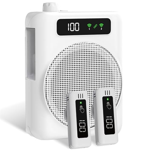 Voice Amplifier for Teachers with 2 Lavalier Wireless Microphones | Clip On Microphone with Speaker, Wireless Voice Amplifier Bluetooth Speaker and Microphone Set for Yoga Tour Guides Coaches - color: White