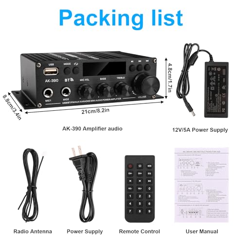 Romicta Stereo Audio Amplifier, 2.0 CH Mini Home Audio Bluetooth 5.0 Stereo Receivers with 400W, FM, AUX, USB, Microphone Input, 12V 5A Power Supply, Power Amplifier for Car Home Bar Party