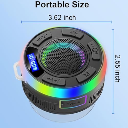Shower Bluetooth Speaker IPX7 Waterproof, Portable Bluetooth Speakers with Suction Cup and Time Display, Crystal Sound&Bass LED Light 1100mAh, Wireless Shower Speaker for Outdoor/Kayak/ Gifts/Beach - color: Black