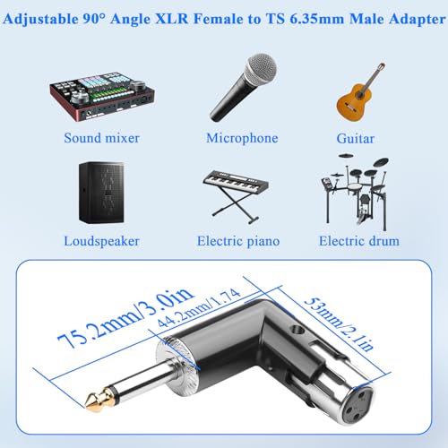 QIANRENON Adjustable 90° Angle XLR Female to 1/4 TS Microphone Adapter 3Pin X-lr Socket to TS 6.35mm Male Mono Unbalanced Right Angle Connector XLR Jack Position Tunable, for Guitar Amplifier Mixer