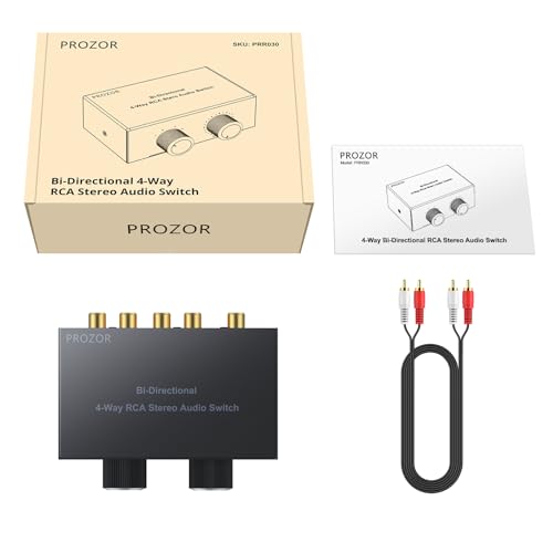 PROZOR RCA Stereo Audio Switcher - 2 in 1 Out R/L Stereo Audio Switch, 1 in 2 Out Stereo Audio Switcher Selector with Mute Button and No External Power Required (Black 4-1) | Bi-directional switcher, gold-plated interface, Includes 1.5m/4.9ft RCA cable fo
