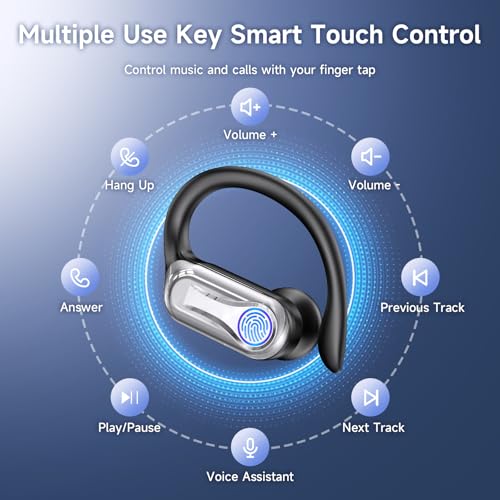 Sports Wireless Earbuds with Ear Hooks, Bluetooth 6.1 Noise Canceling Headphones, 90H Playtime LED Display, IPX7 Waterproof Running Workout Earphones, Black