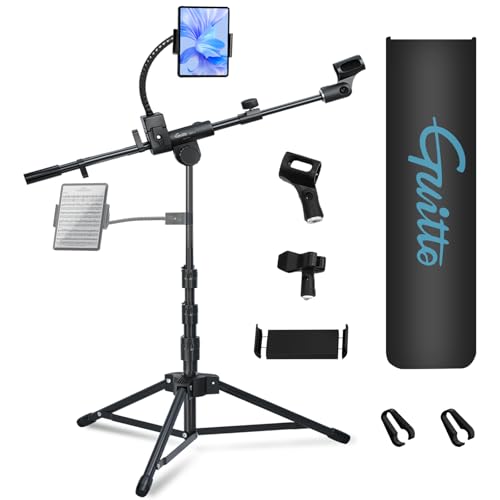 Microphone Floor Stand with Phone/Tablet Holder, Adjustable Boom Mic Stand with Heavy-Duty Base, Dual Device Mount for Streaming, Podcasting, Recording, and Live Performances GMS-04