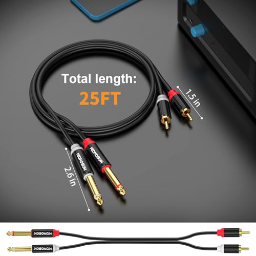 HOSONGIN RCA to 1/4" Cable 25 Feet, Dual 1/4 inch TS to Dual RCA Gold Plated Heavy Duty Stereo Audio Interconnect Cable for Amplifiers, Speakers, AV Receivers | Oxygen-Free Copper, Tangle-Free Design - size: 25 Feet