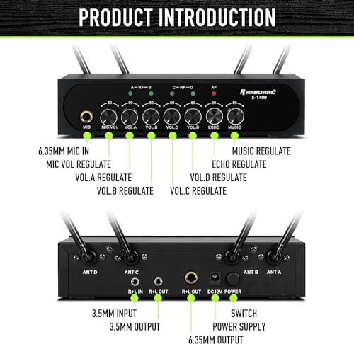 Wireless Microphone System Karaoke 4 Channel UHF Cordless Handheld Dynamic Mic with Bluetooth Receiver Box + Volume Control Echo Mic Work Range 165ft for Karaoke PA System DJ Mixer Party - size: 4 Channel UHF Cordless Handheld Dynamic Mic