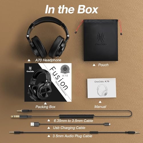 OneOdio A70 Bluetooth Over-Ear Headphones, Hi-Res Wired DJ Studio - Black | Wireless over-ear headphones with 72H playtime, 3.5mm/6.35mm wired jacks for studio monitoring, mixing, guitar, amp and PC - color: Black