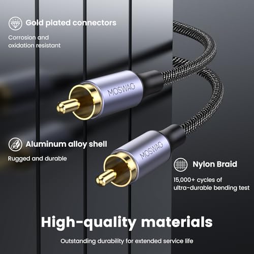 MOSWAG Subwoofer Cable 10FT 3M RCA to RCA Audio Stereo Cord Nylon Braided | 24K Gold Plated Digital Coaxial Audio Interconnect Shielded OFC for Car DVD PS3 Wii Speaker Amp Receiver Home Theater System - size: 10 FT/3M
