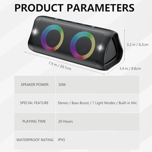 DONOW Portable Bluetooth Speaker with Lights, 30W Stereo Sound, Bass Boost, IPX5 Waterproof, 20H Playtime, Built-in Mic, Speakers Bluetooth Wireless for Home, Party, Outdoor, Travel(Black)