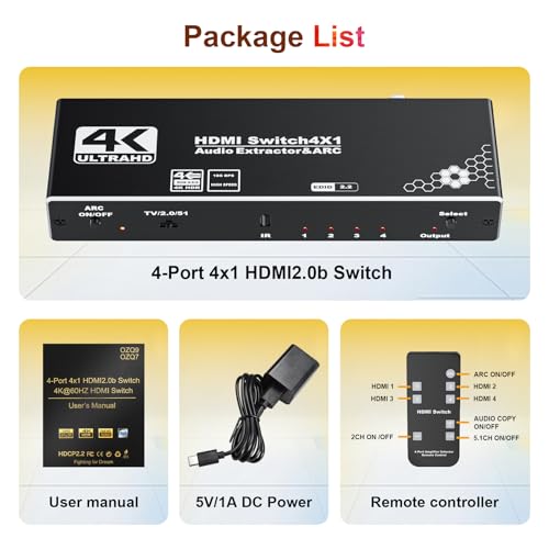4 Ports 4K HDMI Switch Audio Extractor with Optical Toslink SPDIF/Coaxial / 3.5mm L/R Audio Out, 4 in 1 Out HDMI 2.0b Switcher with Remote Control Support ARC, HDR, HDCP 2.2, 18Gbps, 3D
