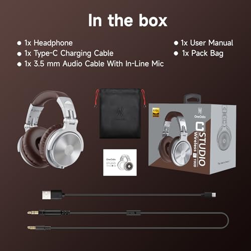 OneOdio Pro C Wired & Wireless Over-Ear Headphones, 110H, 50mm Drivers | Wired 3.5mm and wireless Bluetooth modes with 110H playtime, 50mm drivers and HD mic for PC, podcast and studio work - color: Silver