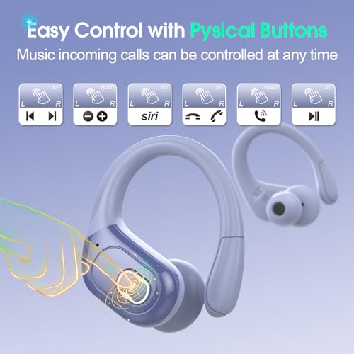 Aptkdoe Wireless Earbuds 75H Bluetooth 5.4 Sport Headphones with Earhooks | IPX7 Waterproof In-ear Buds Feature ENC Noise Cancelling Mic. Stereo Sound Device for Gym Running Workout, Purple Blue - color: Purple Blue