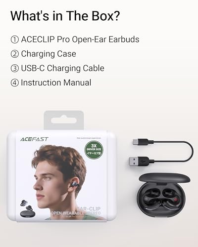 ACEFAST AceClip Pro Open-Ear Earbuds, Wireless Clip-On Earbuds with 3× Larger Drivers, Outdoor Boost Mode, AI Noise Cancelling Calls, 28H Playtime, IP55 Waterproof, App & Click Control, Lightweight - color: Black