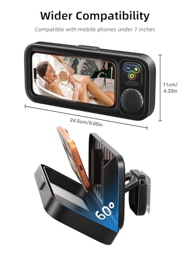 Shower Phone Holder IPX6 Waterproof with Wireless Bluetooth Speaker, 480 Rotation Phone Case Speakers for 4"- 7" Cell Phones, Hands-Free Shower Speaker, Wall Mounted Phoneholder for Mirror (Black) - color: Black