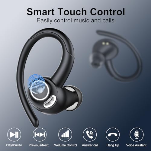 Wireless Earbuds Bluetooth 5.3 Headphones Sports, 48H Over Ear Bud with ENC Mic, Stereo Deep Bass Bluetooth Earbuds with Secure Earhooks, LED Display, IPX7 Waterproof Earphone for Running Ivory Black