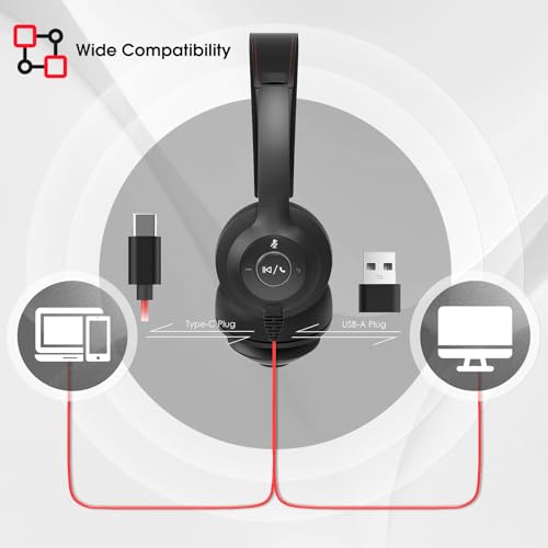 USB Headset with Microphone for PC/Laptop, Wired Headphones with Noise Cancelling Mic, USB C & USB A, All-day Comfort, Lightweight Computer Headset for Home Office, Call Center, School, Remote Work