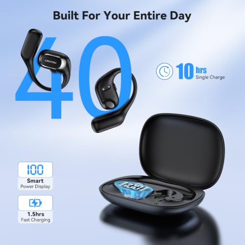 TECKNET Open Ear Headphones, Bluetooth Headphones 6.0 Sports with Smart Digital Display, 40H Playtime, IPX5 Waterproof, Wireless Earbuds Lightweight Design for Travel/Cycling/Running (Black) - color: Black