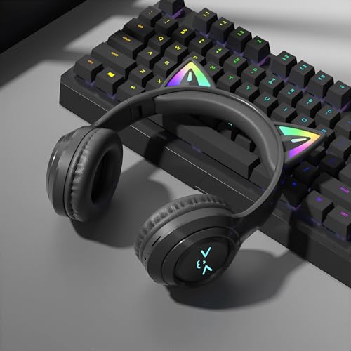 Cat-Ear Wireless Headphones Bluetooth 5.3 Over the Ear Headphones with RGB Light Built-in Mic Foldable Fashionable Stereo Headset Support TF Card for Gaming Travel PC Phone iPad(Matte Black) - color: Matte Black