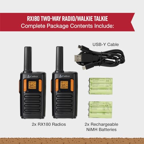 Cobra RX180 Walkie Talkies (2-Pack), Lightweight, 22 Preset Channels | Easy-to-Use Compact Two Way Radios Long Range, NOAA Weather Alerts, VOX Feature, LED flashlight (Orange/Black) - style: RX180