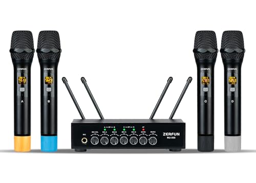 Pro Wireless Microphone System 4 Channel, UHF Metal Cordless Handheld Mics with Echo Bluetooth for Church Karaoke Singing, 4x50 Adjustable Frequency(MU-898 Battery 4 Handheld)