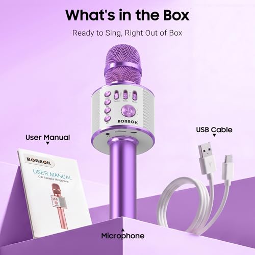 BONAOK Wireless Bluetooth Karaoke Microphone, 3-in-1 Portable Handheld Mic Speaker Machine for All Smartphones, for Girls Boys Kids Adults All Age Q37(Light Purple) - color: Light Purple