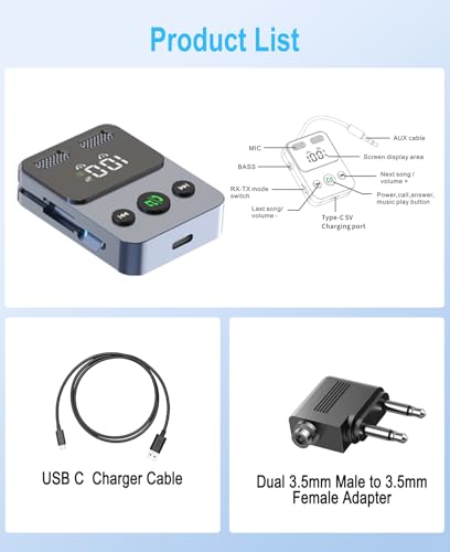 Bluetooth 5.3 Transmitter Receiver, 2-in-1 Adapter for Airplane, Bluetooth Transmitter for 3.5mm Aux Jacks Headphone, TV, Home Stereo, Speakers, Headphone, Car, Dual Connection