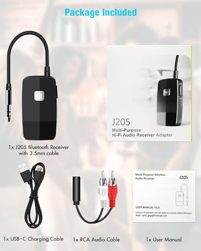 Golvery Bluetooth V5.4 Receiver for Speaker Home Stereo with 3.5mm AUX/RCA | HiFi Wireless Audio Adapter for Car/Wired Headphones, 20 Hours Playtime, Dual Connection to 2 Phones, Easy Control ON/Off - style: J205 Stereo Stream