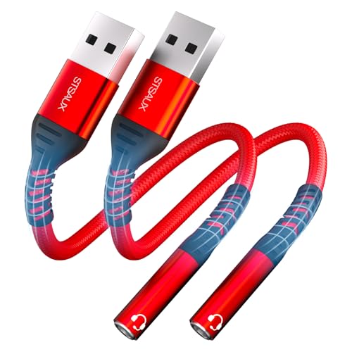 USB to 3.5mm Jack Audio Adapter (2-Pack), External Sound Card Converter,STSAUX USB-A to 3.5mm TRRS 4-Pole Mic Female with PC Windows, Laptop, Mac, Desktops, Linux, Plug and Play No Drivers Needed
